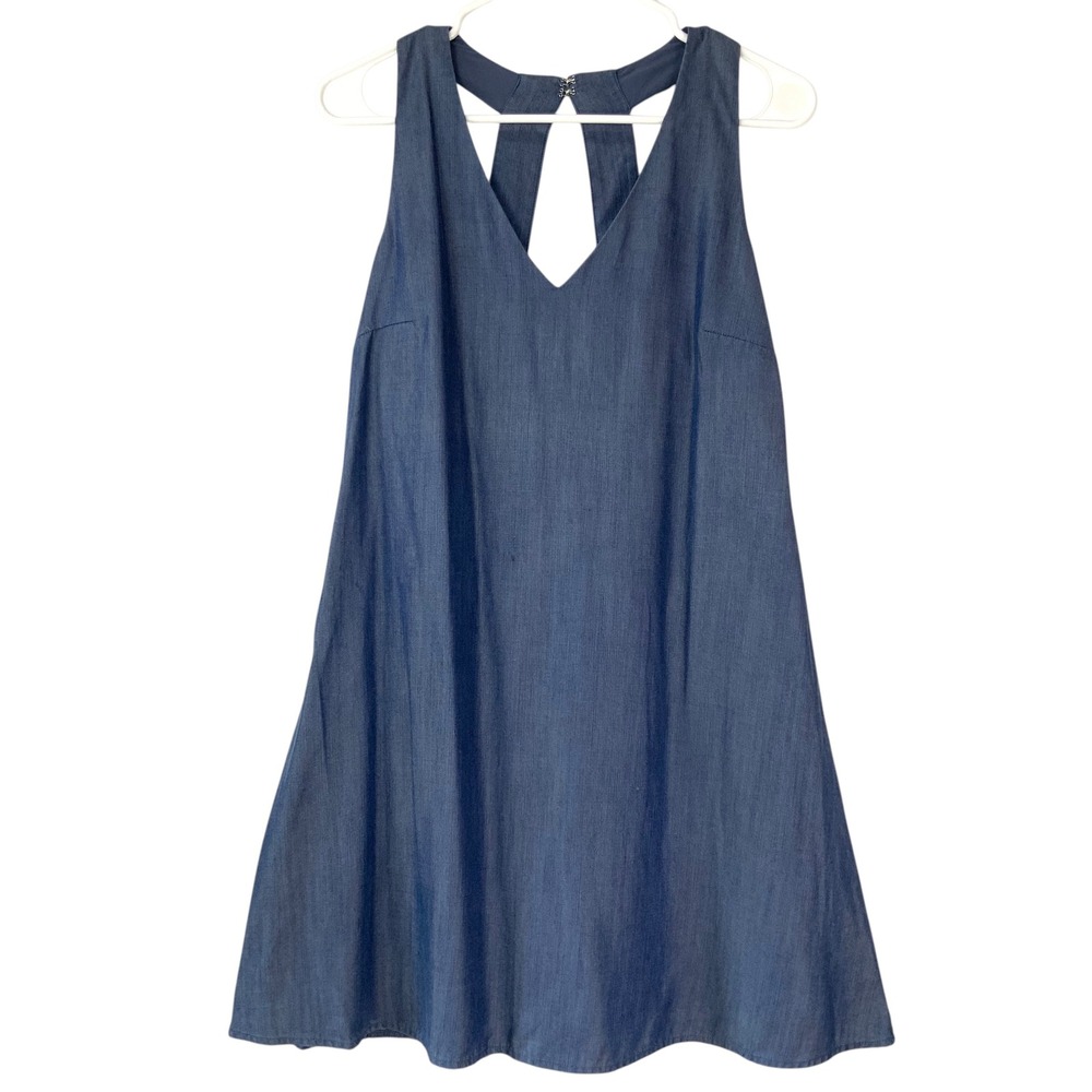 Kaari Blue Solid Lyocell Dress 4 Zip Back V-Neck Sleeveless Cutout Back Mini